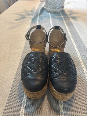 Woven Leather Ankle-Strap Platform Espadrilles - Black